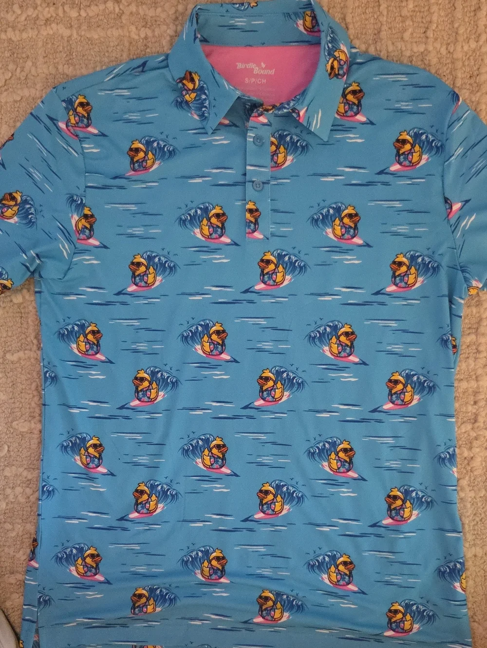 NWOT Birdie Bound Surfing Rubber Duck Performance Golf Polo S